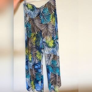 Nina Leonard 1X Pants Tropical Palm Beach Stretchy Pull On Flowy